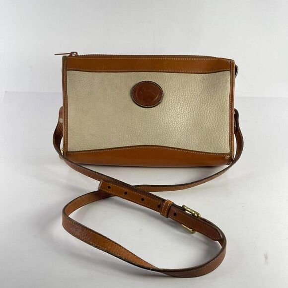 Vintage Dooney Bourke All Weather Pebbled Beige Leather Satchel Crossbody Bag